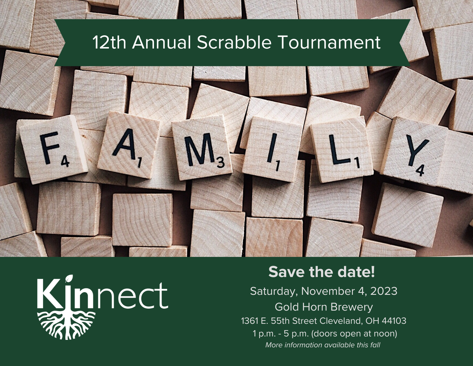 Save the date postcard for scrabble tournament